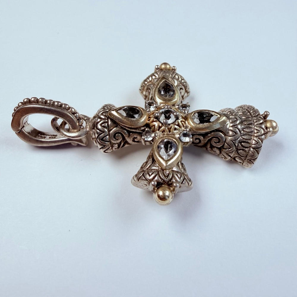 18K Yellow Gold Barbara Bixby White Topaz 925 Sterling Silver Cross Pendant - Picture 4 of 8